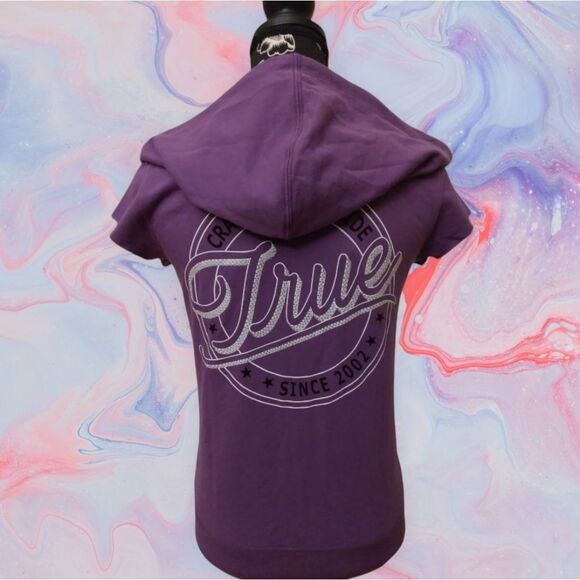 True Religion Women's Zip-Up Hoodie Sweatshirt XS NWT Short Sleeves  Purple - Picture 8 of 15